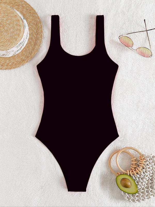 Women's Solid Criss Cross Backless One-piece Swimsuit, Casual Scoop Neck Sleeveless Swimwear, Ladies Summer Swimsuit for Beach Holiday Vacation