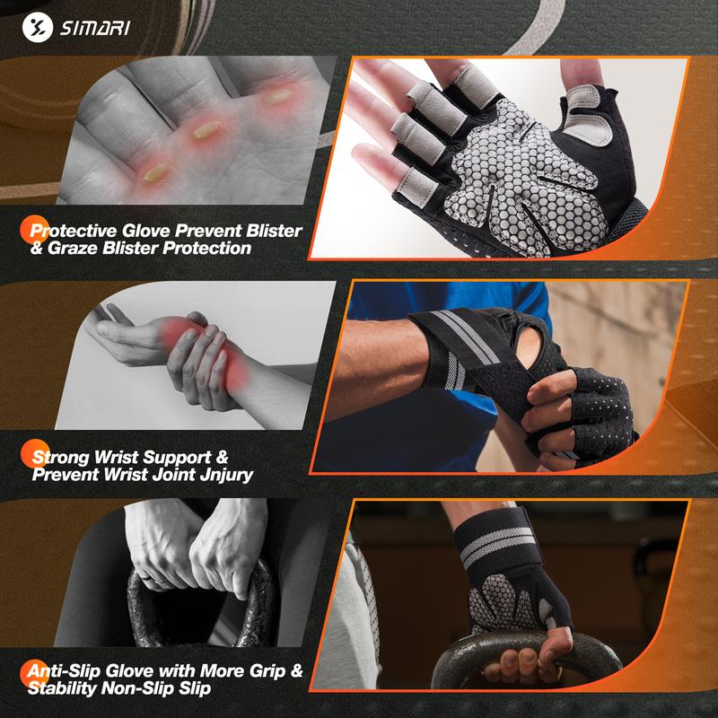 SIMARI Breathable Workout Gloves for Men Women, Padded Weight Lifting Gloves with Wrist Wraps Support, Full Palm Protection, Gym Training SG902 half-finger glove