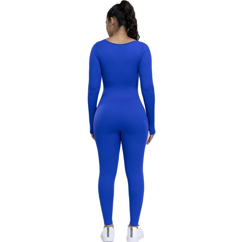 Women's Ribbed Jumpsuit Yoga Suit With Abdominal Control, Long Sleeved One-piece Casual Yoga Jumpsuit, High Waisted One-piece Fitness Bodysuit