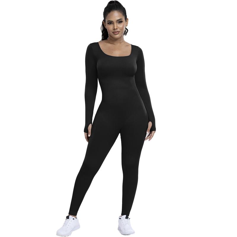 Women's Ribbed Jumpsuit Yoga Suit With Abdominal Control, Long Sleeved One-piece Casual Yoga Jumpsuit, High Waisted One-piece Fitness Bodysuit