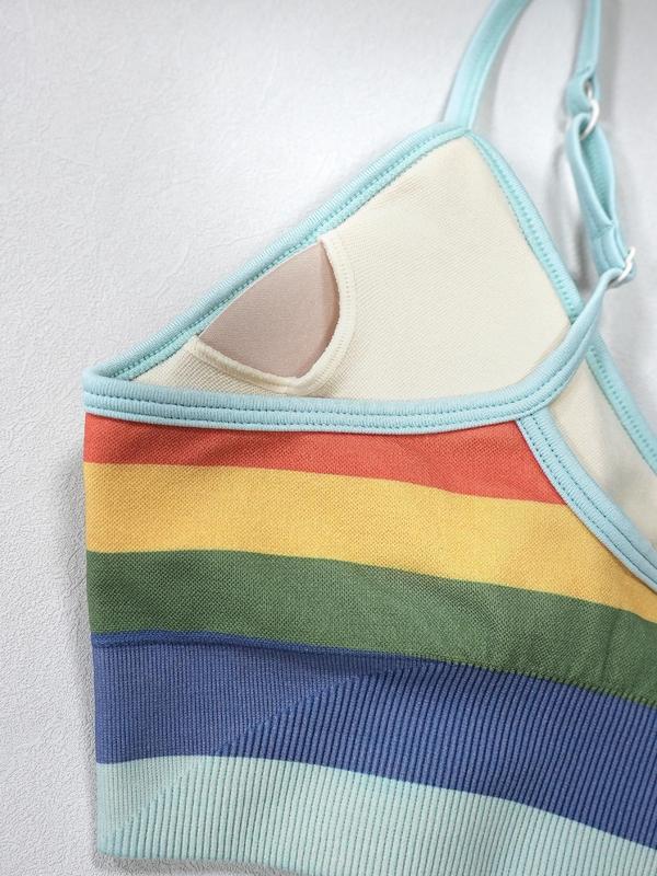 LGBTQ+ Women's Rainbow Stripe Print Wireless Sports Bra, Adjustable Strap Crop Cami Top, Breathable Comfortable Sports Bra, Summer Clothing