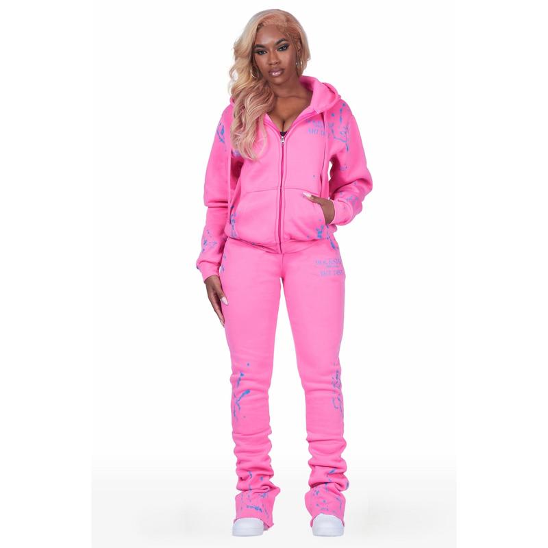 Destinee Bubblegum Pink Zip Up Super Stacked Trackset