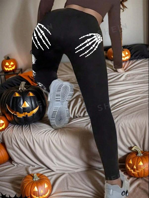 SKELETON SLOGAN PRINT PLUS SIZE SPORTS LEGGINGS FOR HALLOWEEN