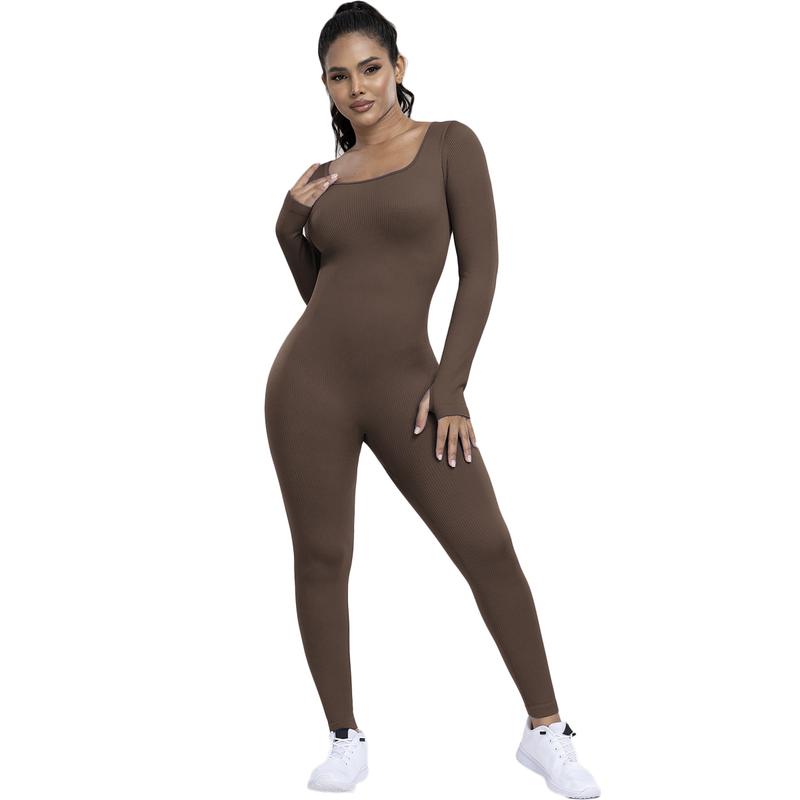 Women's Ribbed Jumpsuit Yoga Suit With Abdominal Control, Long Sleeved One-piece Casual Yoga Jumpsuit, High Waisted One-piece Fitness Bodysuit