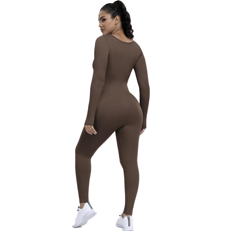 Women's Ribbed Jumpsuit Yoga Suit With Abdominal Control, Long Sleeved One-piece Casual Yoga Jumpsuit, High Waisted One-piece Fitness Bodysuit