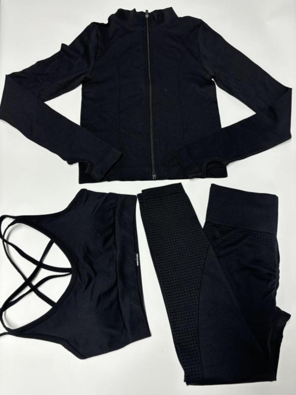 Three-Piece Set Women's Solid Zip Up Jacket & High Waist Leggings & Criss Cross Sports Bra Tracksuit Set, Sporty Breathable Comfy Outfits for Yoga Gym Workout Running, Ladies Sportswear for All Seasons