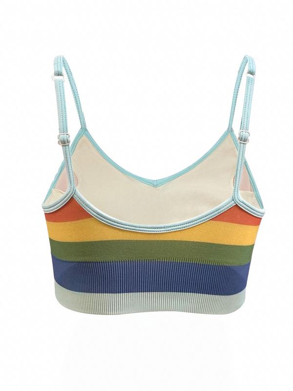 LGBTQ+ Women's Rainbow Stripe Print Wireless Sports Bra, Adjustable Strap Crop Cami Top, Breathable Comfortable Sports Bra, Summer Clothing