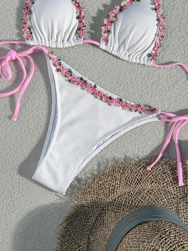 Women's Floral Embroidery Bikini Set, Boho Fashion Tie Back Halter Triangle Swim Bra & Tie Side Swim Bottom, Ladies Summer Swimwear for Beach Holiday Vacation