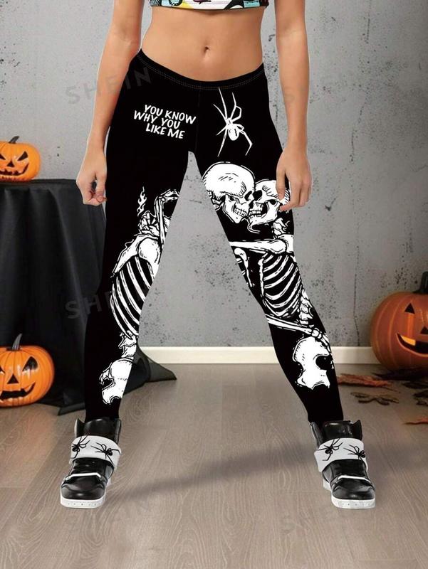 SKELETON SLOGAN PRINT PLUS SIZE SPORTS LEGGINGS FOR HALLOWEEN