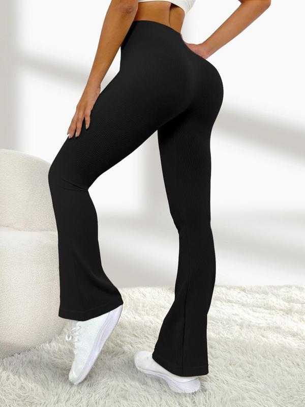 Sporty Women's Solid Color High Waist Flare Leg Sports Leggings, High Stretch Seamless Bell Bottom Tight-fitting Yoga Leggings, Compression Pants, Ladies Sportswear for Indoor Outdoor Wear, Tummy Control