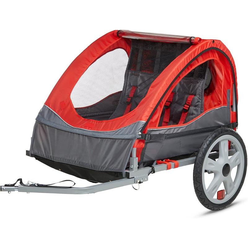 Sync and Take 2 Bike Trailer, Single and Double Seat Options, 5-Point Harness, Folding Frame, Quick Release Wheels, Easy Storage, With Bug Screen & Weather Shield, Bike Attachment