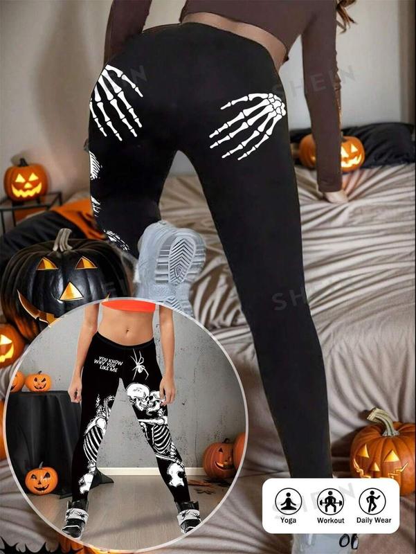 SKELETON SLOGAN PRINT PLUS SIZE SPORTS LEGGINGS FOR HALLOWEEN