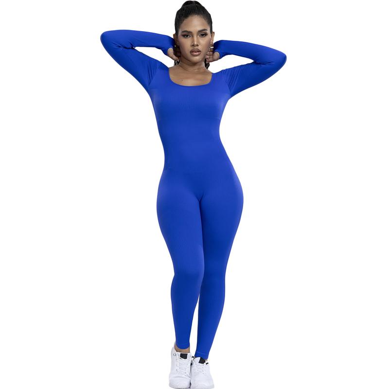 Women's Ribbed Jumpsuit Yoga Suit With Abdominal Control, Long Sleeved One-piece Casual Yoga Jumpsuit, High Waisted One-piece Fitness Bodysuit