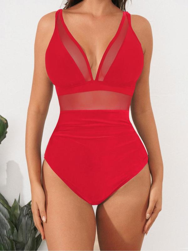 Sam Louise Exclusive Women's Plain Contrast Mesh V Neck One-piece Swimsuit, Casual Sleeveless Swimwear for Summer, Ladies Swimsuit for Beach Holiday Vacation Swimming