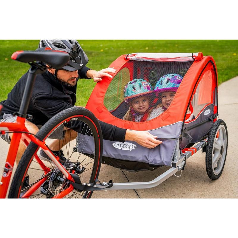 Sync and Take 2 Bike Trailer, Single and Double Seat Options, 5-Point Harness, Folding Frame, Quick Release Wheels, Easy Storage, With Bug Screen & Weather Shield, Bike Attachment