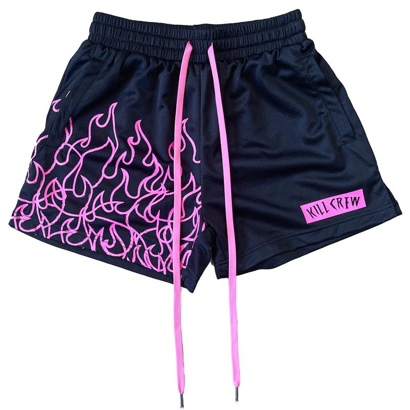 [Kill Crew] Muay Thai Shorts Flame - Black   Pink, Unisex, Mid Thigh Cut, Pockets, Gym Shorts, Elastic Waistband, Long drawcord with wax tips