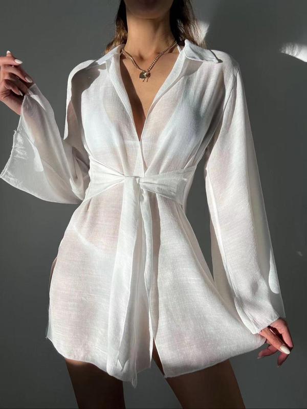 Women's Solid Color Sheer Split Hem Tie Front Long Sleeve Cover Up Shirt, Casual Collar Flounce Sleeve Cover Up for Summer, Fashion Women's Swimwear for Beach Holiday