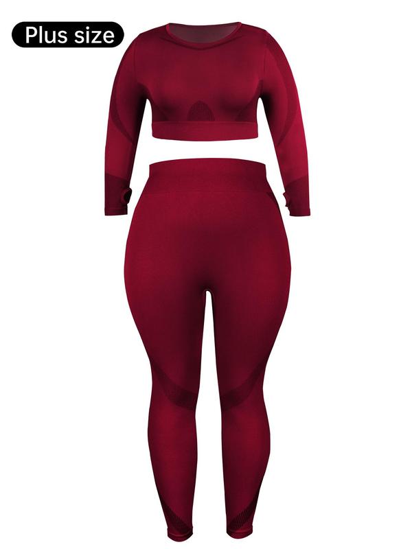  Solid Finger Hole Design Crop Top & Ruched High Waist Leggings Tracksuit Set, Sporty Round Neck Long Sleeve Top & Skinny Pants Two-piece Outfits for Gym Yoga Workout, Women's Sportswear for All Seasons