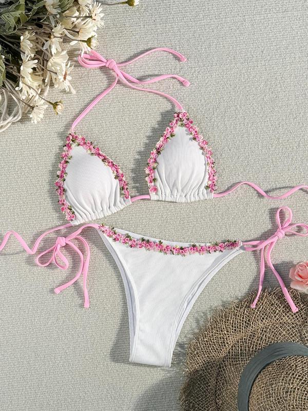 Women's Floral Embroidery Bikini Set, Boho Fashion Tie Back Halter Triangle Swim Bra & Tie Side Swim Bottom, Ladies Summer Swimwear for Beach Holiday Vacation