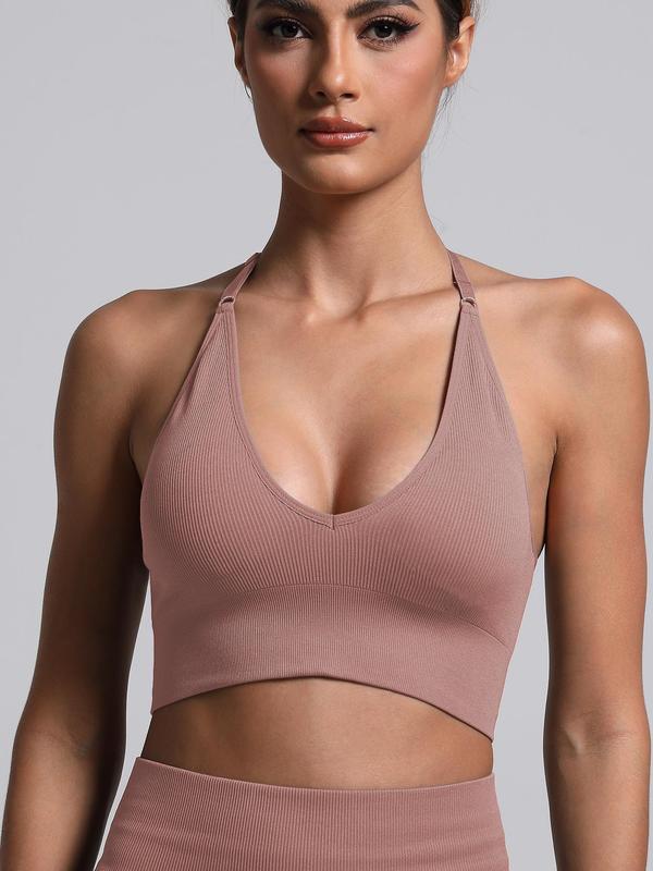 Women's Solid Halter Neck Sports Bra, Breathable Comfortable Detachable Chest Pad Wireless Sports Bra, Ladies Sportswear for Indoor Outdoor Wear