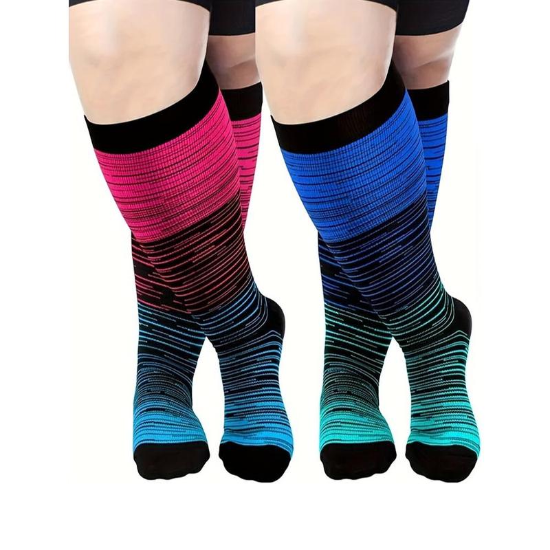 3 Pairs Men Women plus Size Compression Socks Striped Sports Socks Long Tube Knee-Length Gradient Color Pressure Circulation 15-20mm Mercury Column Widened Pantyhose