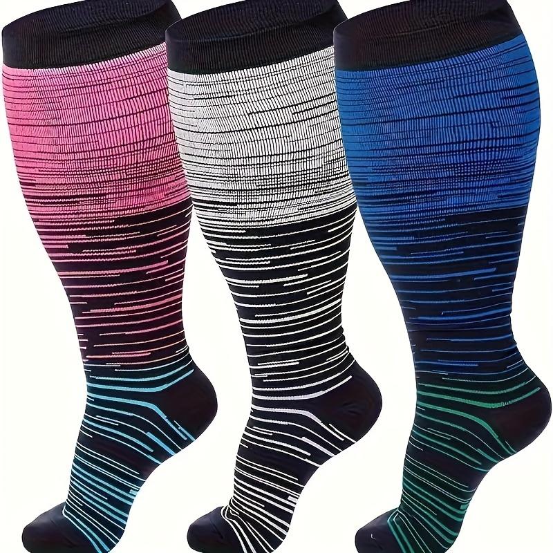 3 Pairs Men Women plus Size Compression Socks Striped Sports Socks Long Tube Knee-Length Gradient Color Pressure Circulation 15-20mm Mercury Column Widened Pantyhose