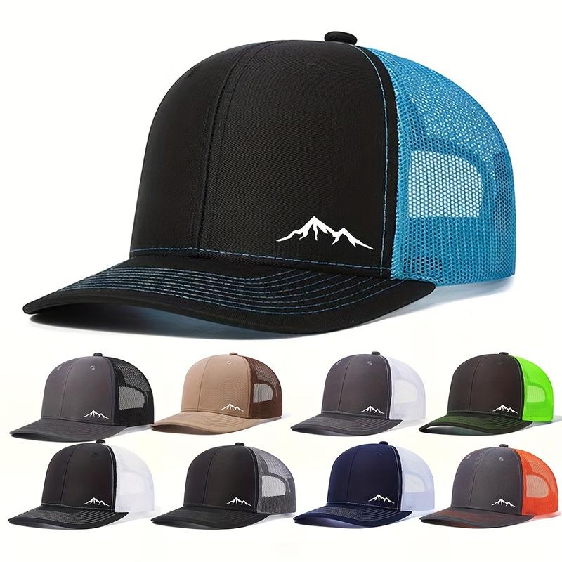 Adjustable Mesh Breathable Neutral Snapback Cap, Pre-Curved Mountain Print Elegant Baseball Cap for Outdoor Sports