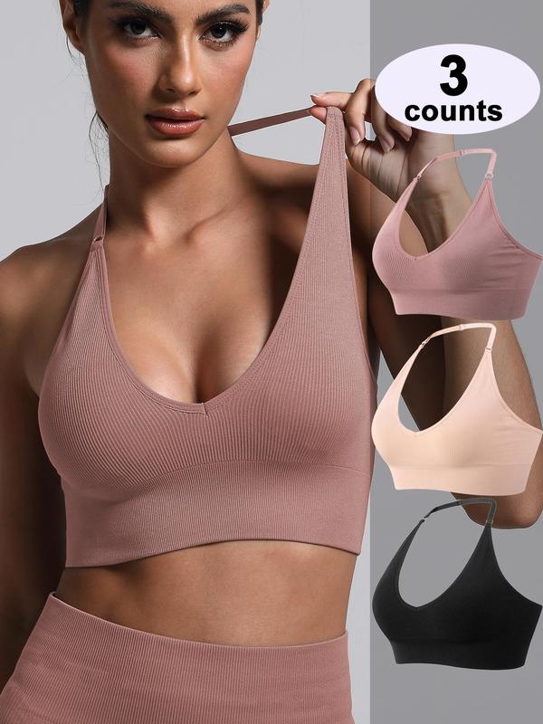 Women's Solid Halter Neck Sports Bra, Breathable Comfortable Detachable Chest Pad Wireless Sports Bra, Ladies Sportswear for Indoor Outdoor Wear