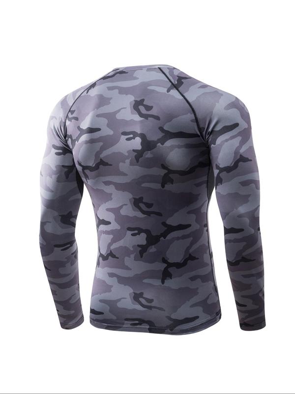 Men's All Over Camo Print Round Neck Sports Tee, Quick Drying Breathable Long Sleeve T-shirt for Outdoor Gym Running,  Workout Tops, Men's Sportswear for Spring & Fall