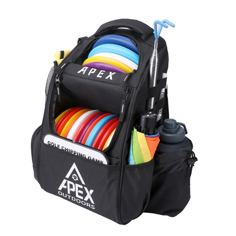 Apex Outdoors Disc Golf Bag, Disc Golf Backpack with 20+ Disc Capacity, Durable & Lightweight Frisbee Golf Bags with Multiple Storage Pockets (Black)