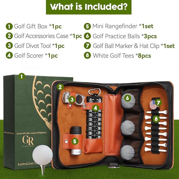 GLORIEROO Golf Fathers Day Dad Gifts for Men from Daughter Son Wife - Golf Accessories Set includes Golf Balls, Golf Tees, Golf Divot Tool, Rangefinder, Golf Scorer, Ball Marker & Hat Clip in Hi-End Case Glow-in-the-Dark Golf Ball Set golf  balls