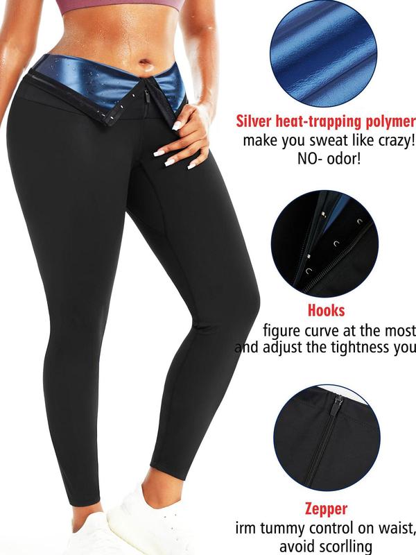 Women's Solid Zipper Sauna Pants, High Stretch Tummy Control Leggings, Ladies Sportswear for Indoor Outdoor Wear