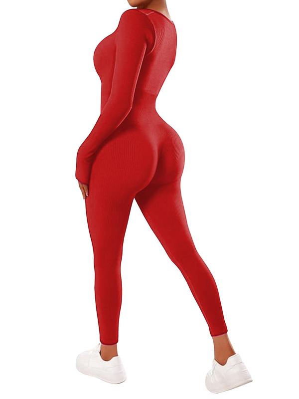 Women's Solid Long Sleeve Square Neck Sports Jumpsuit, Sporty Comfy High Stretch Jumpsuit for Yoga Gym Workout, Ladies Sportswear for All Seasons, Tummy Control