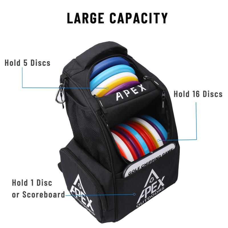 Apex Outdoors Disc Golf Bag, Disc Golf Backpack with 20+ Disc Capacity, Durable & Lightweight Frisbee Golf Bags with Multiple Storage Pockets (Black)