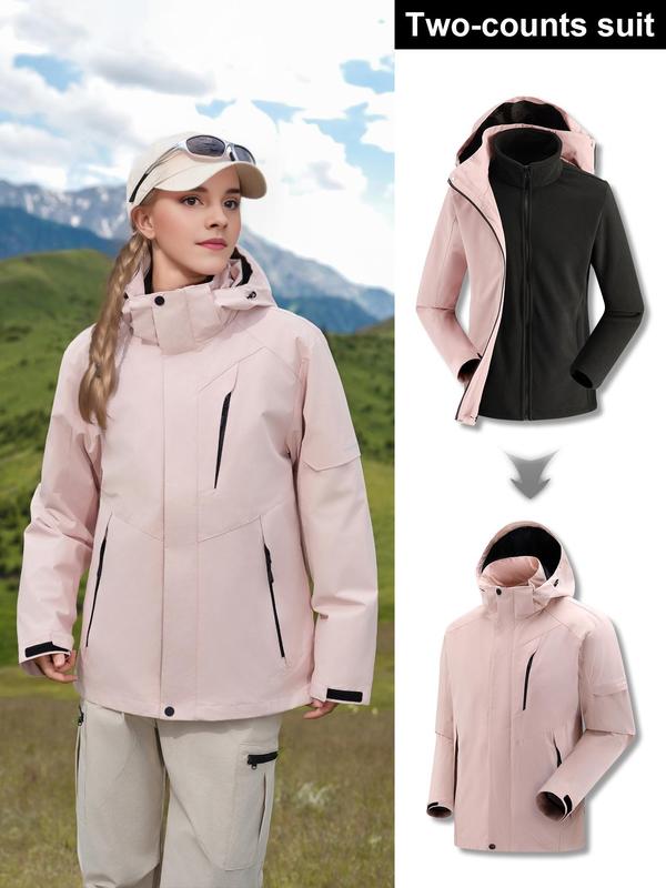 Women's Solid 3 in 1 Pocket Zip Up Hooded Skiing Jacket, Sporty Long Sleeve Windproof Waterproof Outerwear for Fall & Winter, Women's Sportswear for Outdoor Skiing