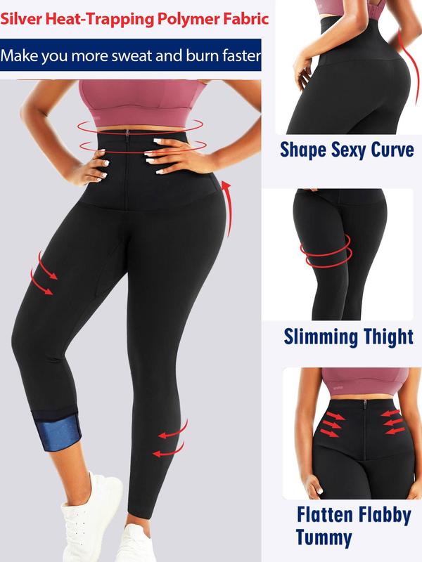 Women's Solid Zipper Sauna Pants, High Stretch Tummy Control Leggings, Ladies Sportswear for Indoor Outdoor Wear