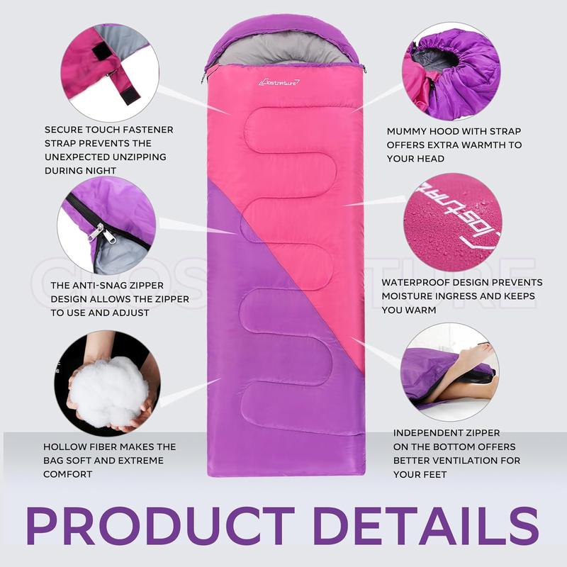 HZB Clostnature Sleeping Bag for Adults and Kids - Lightweight Camping Sleeping Bag for Girls, Boys, Youths, Ultralight Backpacking Sleeping Bag for Cold Weather - Compression Sack Included(Right Zipper)