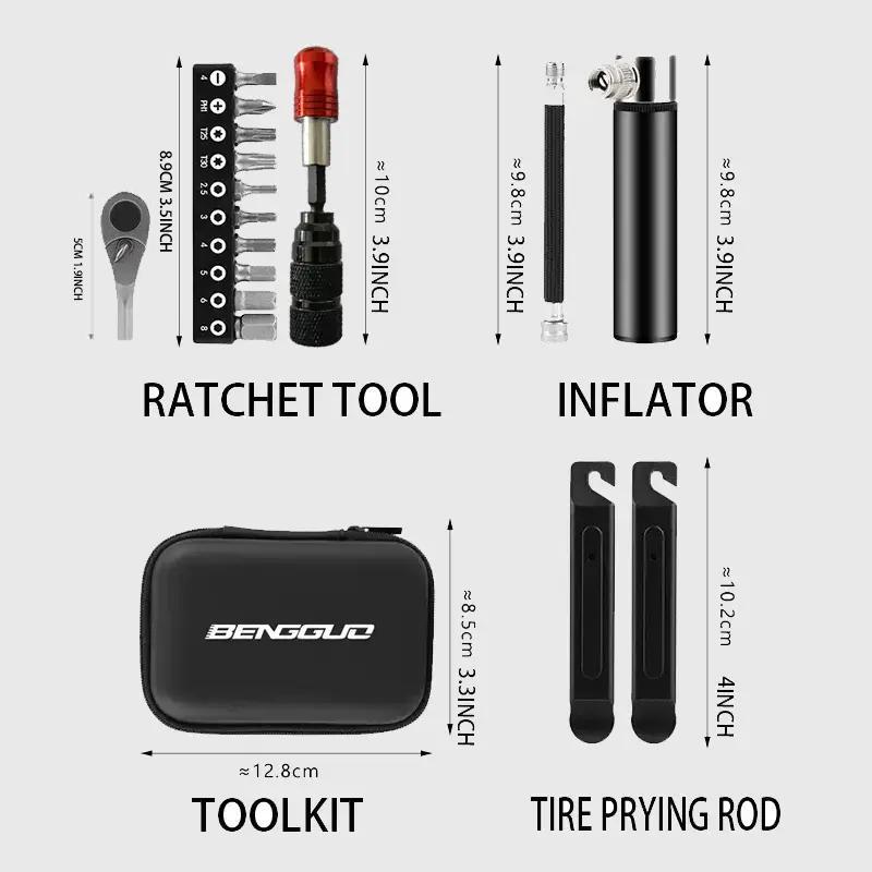 Bicycle Repair Tool Set (1 Set), Portable Mountain Bike Sprocket Wrench Repair Kit, Including Ratchet Tool, Inflator, Tire Patch & Tire Prying Rod, Outdoor Cycling Repair Tool Set, Cycling Accessories