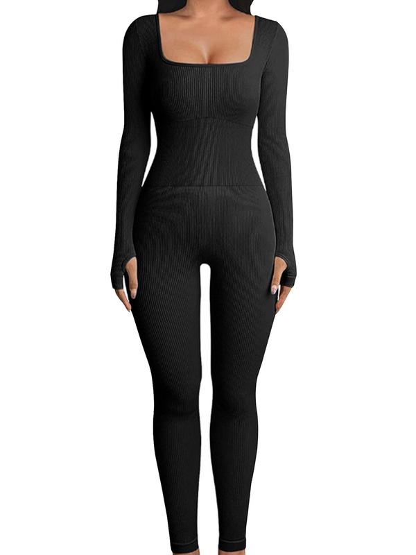 Women's Solid Long Sleeve Square Neck Sports Jumpsuit, Sporty Comfy High Stretch Jumpsuit for Yoga Gym Workout, Ladies Sportswear for All Seasons, Tummy Control