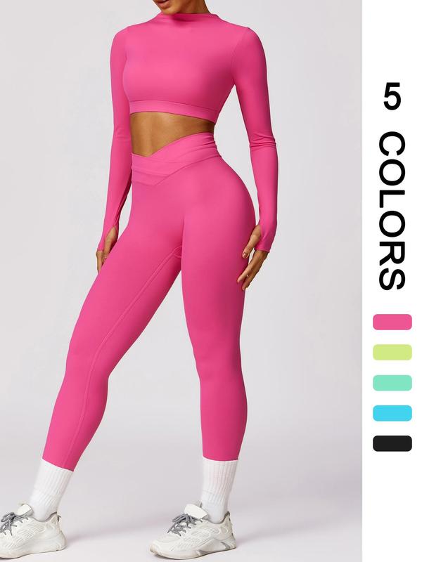 Two-Piece Set Sporty Women's Plain Cut Out Back Mock Neck Crop Tee & Overlap Waist Leggings Tracksuit Set, Sports Breathable Comfy Outfits for Yoga Gym Workout Running, Ladies Sportswear for All Seasons