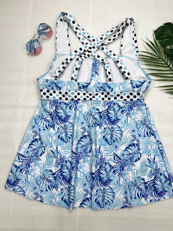 Plus Size Two-Piece Set Comfort Leaf Print Criss Cross Drawstring Top & Solid Short Summer Tankini Set, Summer Outfits, Modest Fashion Swimsuit for Summer Beach Vacation 2024, Ladies' Bathing Suits, Curve Tankini Swimsuits Sets