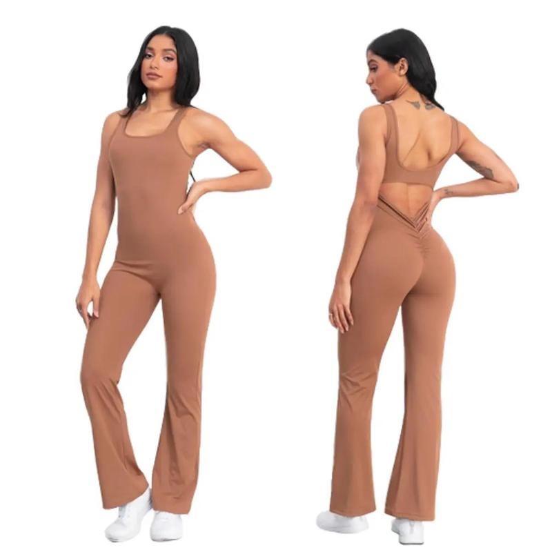 Womens Solid Color Sleeveless Flare Workout Jumpsuits Sexy Backless Tank Tops Bodycon Scrunch Butt Yoga Rompers Seamless Fitness Jumpsuit tracksuit backless Slim-fitting pull on