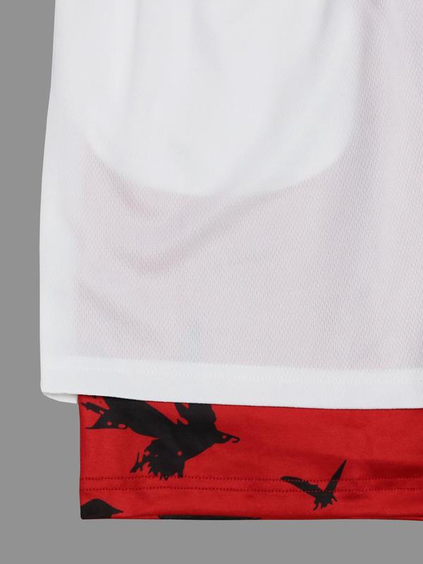 Men's Colorblock Crow Print Drawstring Waist 2 in 1 Track Shorts, Regular Fit Comfy Breathable Summer Shorts, Basketball Shorts, Workout Shorts, Men's Bottoms for Outdoor Daily Wear, Gym Wear for Men