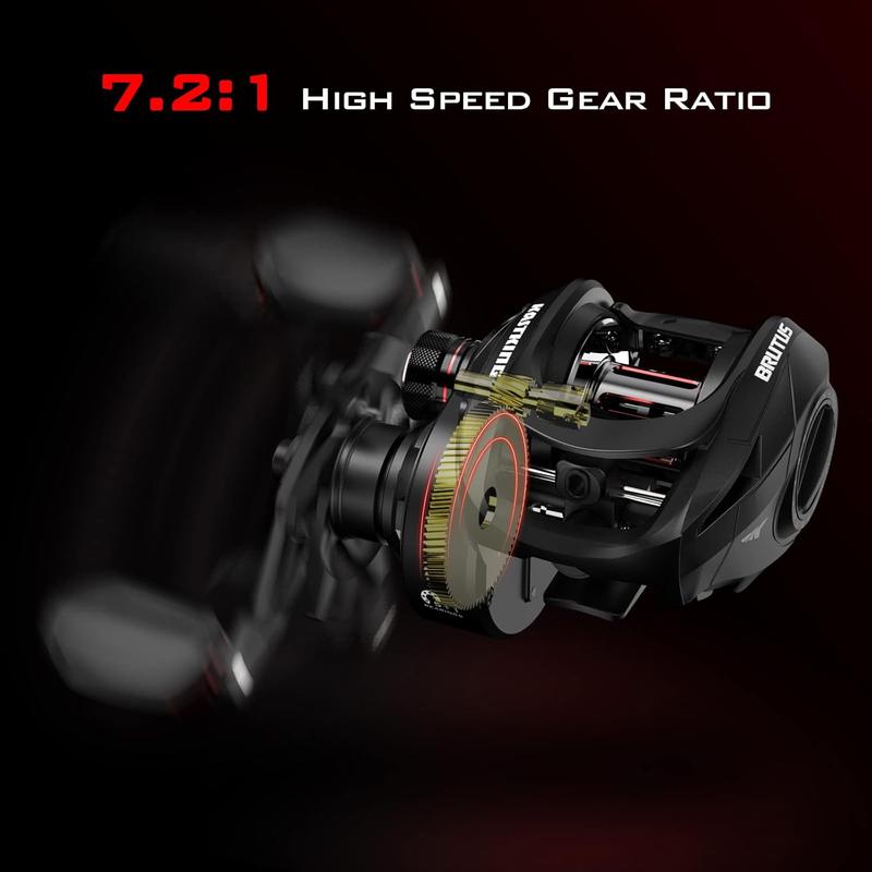 Brutus Baitcasting Reel, Graphite Frame, 7.2:1 Ratio, 5+1 Shielded Stainless-Ball Bearings,10 Button Magnetic Braking System, 17.6LB Carbon Fiber Drag, Aluminum Handle