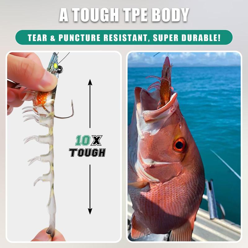 TRUSCEND soft shrimp, Pre-rigged Fishing Jigs, 1:50 Super Durable TPE Soft Shrimp Swimbait, Weedless Lure for Bass Trout Walleye, Saltwater Fishing Gear, Keep Separately! pre-rigged fishing