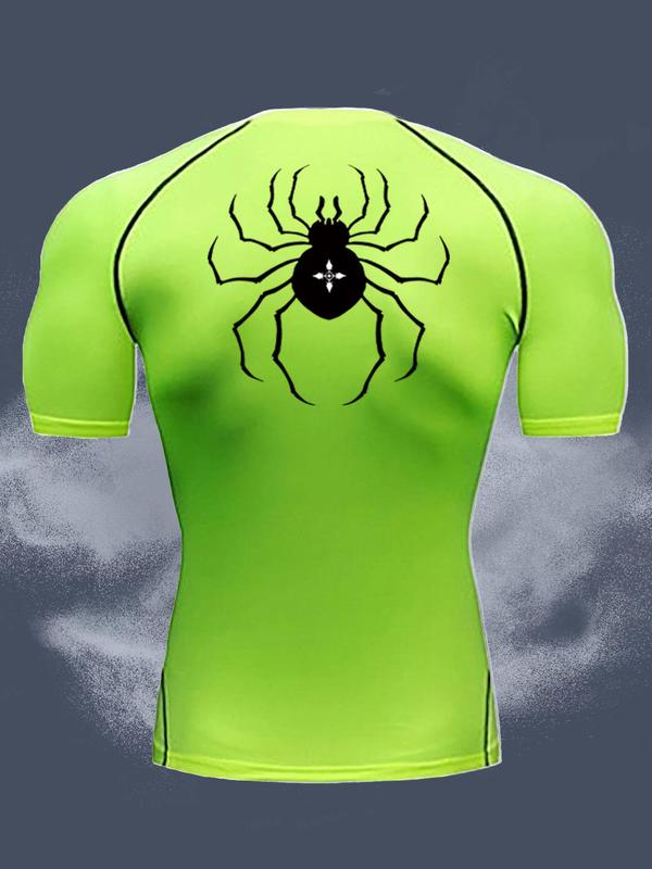 Men's Spider Print Round Neck Sports Tee, Tight Sporty Breathable Comfortable Short Sleeve T-shirt for Gym Workout, Men's Sportswear for All Seasons