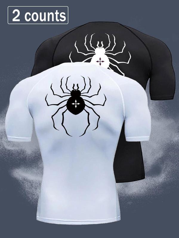 Men's Spider Print Round Neck Sports Tee, Tight Sporty Breathable Comfortable Short Sleeve T-shirt for Gym Workout, Men's Sportswear for All Seasons