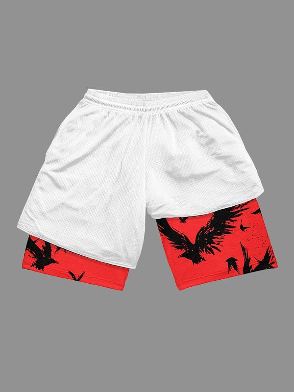 Men's Colorblock Crow Print Drawstring Waist 2 in 1 Track Shorts, Regular Fit Comfy Breathable Summer Shorts, Basketball Shorts, Workout Shorts, Men's Bottoms for Outdoor Daily Wear, Gym Wear for Men