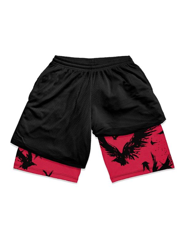 Men's Colorblock Crow Print Drawstring Waist 2 in 1 Track Shorts, Regular Fit Comfy Breathable Summer Shorts, Basketball Shorts, Workout Shorts, Men's Bottoms for Outdoor Daily Wear, Gym Wear for Men