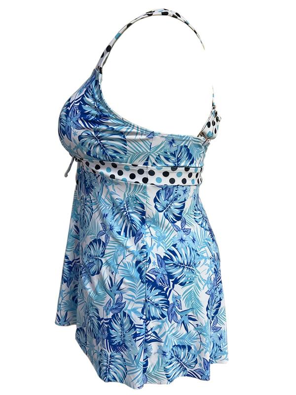 Plus Size Two-Piece Set Comfort Leaf Print Criss Cross Drawstring Top & Solid Short Summer Tankini Set, Summer Outfits, Modest Fashion Swimsuit for Summer Beach Vacation 2024, Ladies' Bathing Suits, Curve Tankini Swimsuits Sets